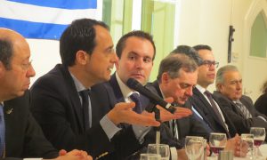 Cyprus High Commisioner Evripides Evriviades (L)- Government Spokesman Nicos Christodoulides (M)-NFC President Christos Karaolis (R)